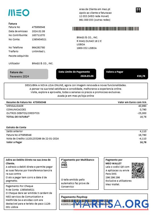 Blank Portugal MEO business utility bill template in Word and PDF formats, fully editable
